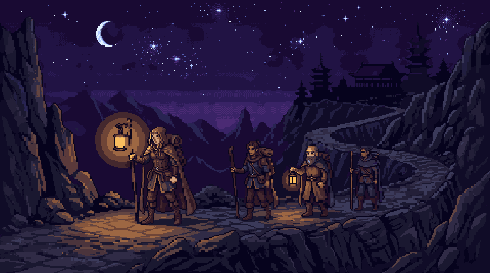 The pilgrim band on a mountain road at night